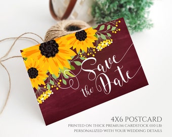 PRINTED Marsala burgundy save the date postcard sunflower | Rustic country southern barn farm chalkboard wedding save the date cards