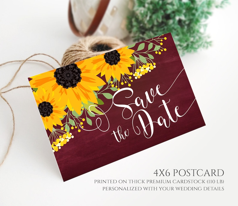 Rustic country southern barn farm chalkboard wedding save the date cards PRINTED Marsala burgundy save the date postcard sunflower