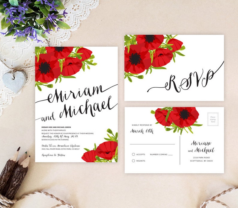 Printed Red And Black Wedding Invitations With Rsvp Etsy