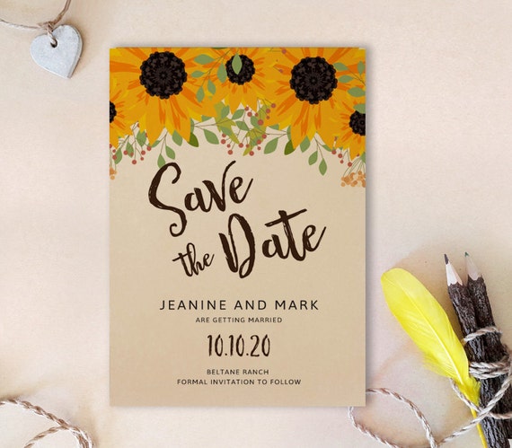 Sunflower Save the Date Cards Printed on Kraft Cardstock | Etsy