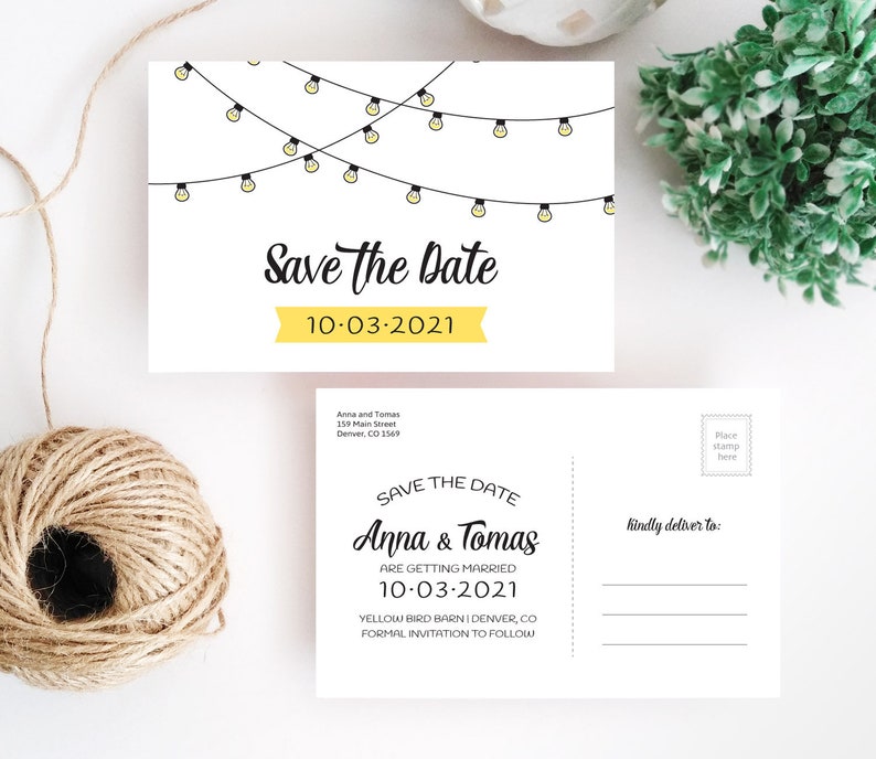 String Lights Wedding Save the Date Postcard Country Barn Etsy