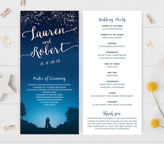 Starry night wedding programs printed on shimmer cardstock | Etsy