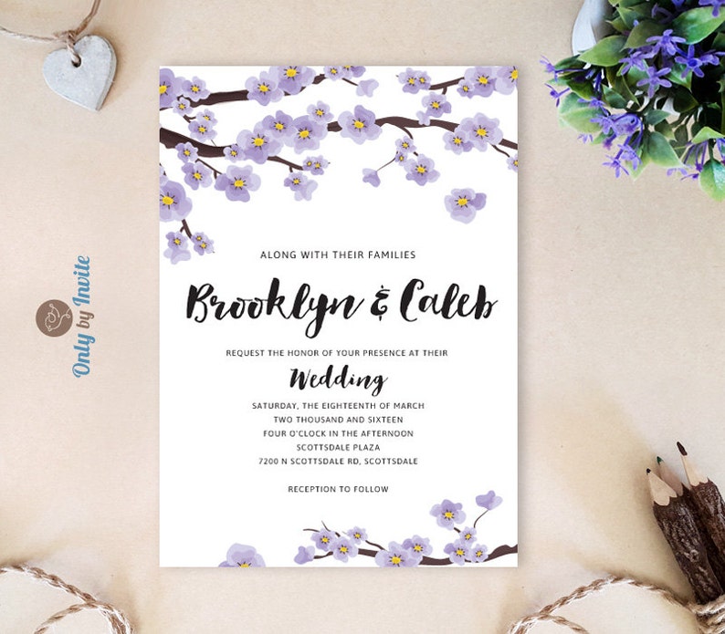 lilac garden PRINTED Spring tree wedding invitation sakura purple custom wedding set summer cherry blossom