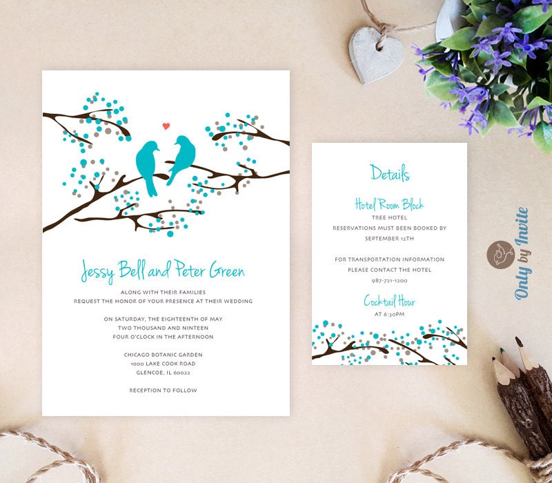Turquoise Wedding Invitation And Info Card Love Bird Wedding Etsy