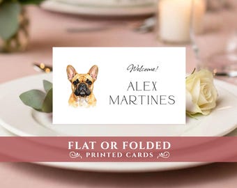 Personalized wedding place name cards featuring a Frenchie Dog. Printed FLAT or FOLDED.