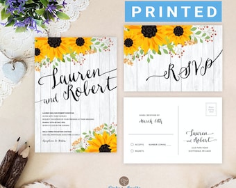 Shabby chic sunflower wedding invitations | Sunflower wedding invitation sets printed