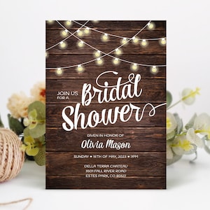 PRINTED Rustic bridal shower invitation | String lights on dark wood country barn backyard wedding shower invites