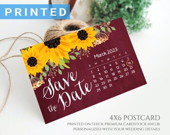 Marsala burgundy calendar save the date postcard | Rustic country sunflower wedding save the dates | 4x6 postcards