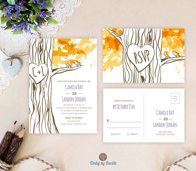 Printed Fall Wedding Invitation Heart Carved Tree Wedding Etsy