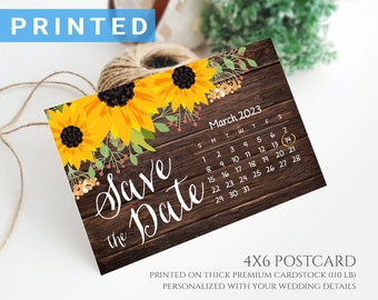 Custom calendar save the date postcards PRINTED | Sunflower wedding save the dates | Rustic save the date cards