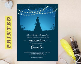 PRINTED quinceanera invitation | Under the stars, string lights, royal blue, sweet 15 invitation