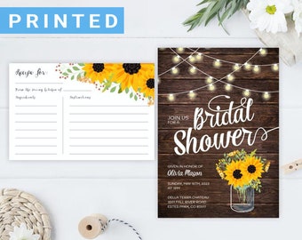 Rustic sunflower bridal shower invitation with recipe card | Country barn string lights wedding shower invites PRINTED