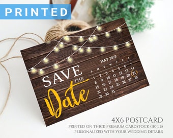 Calendar save the date postcards | String lights wedding save the dates | Custom save the date cards PRINTED