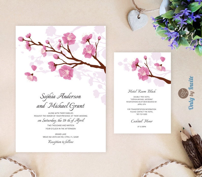 Printed Wedding Invitation And Info Card Bundle Pink Cherry Etsy
