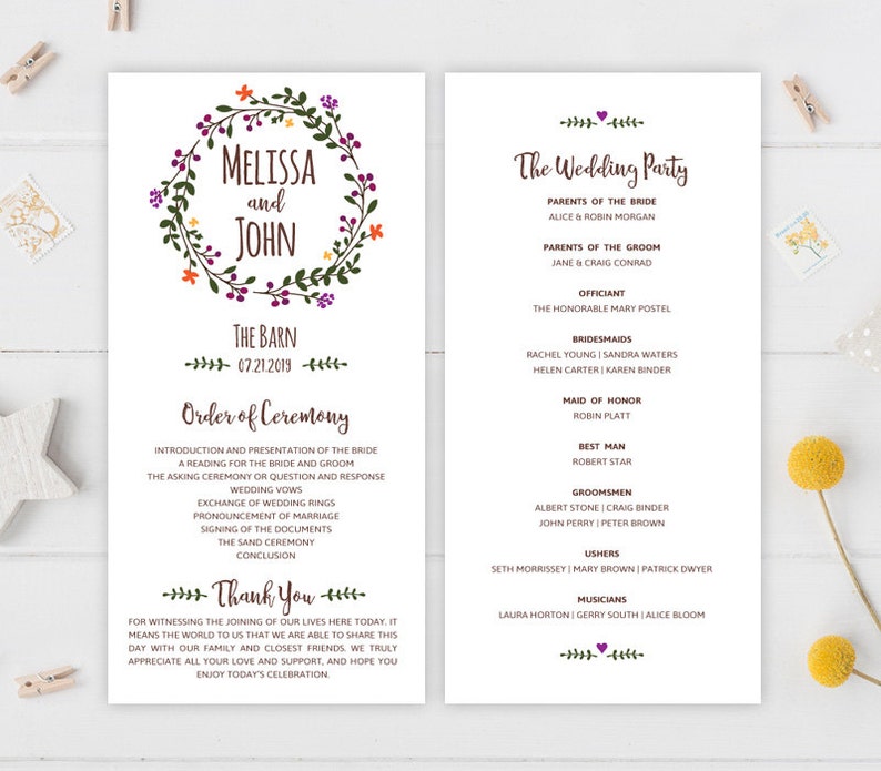 Printed Wreath Wedding Programs Printed On Premium Paper Etsy