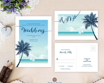 Destination wedding invitations PRINTED | Beach wedding invites with RSVP cards | Sea, Tropical wedding invitation