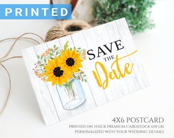 Mason Jar Save the Date postcard | Sunflower save the date cards printed | Rustic country wedding save the date wedding cards