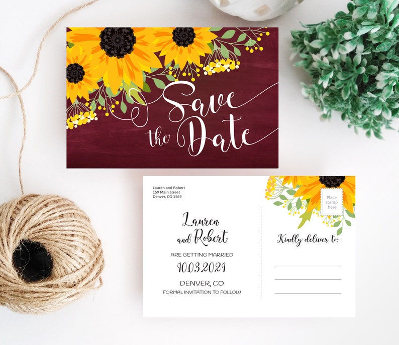 Rustic country southern barn farm chalkboard wedding save the date cards PRINTED Marsala burgundy save the date postcard sunflower