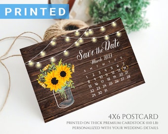 Rustic calendar save the date postcards PRINTED | string lights sunflower mason jar wedding save the dates | 4x6 postcards