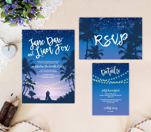 Tropical Beach Wedding Invitations Destination Weddings Purple