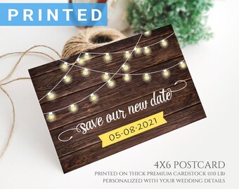 PRINTED Rustic postponed wedding announcement postcard, change the date, Save our new date | Cancelled wedding | Woodsy, string lights