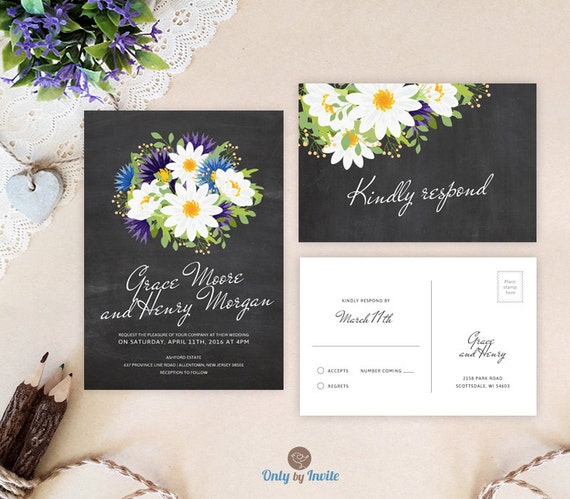 Printed Chalkboard Wedding Invitation Sets Daisy Wedding Etsy