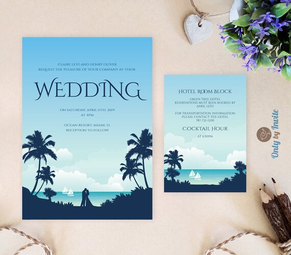 Printed Beach Wedding Invitation And Reception Card Etsy