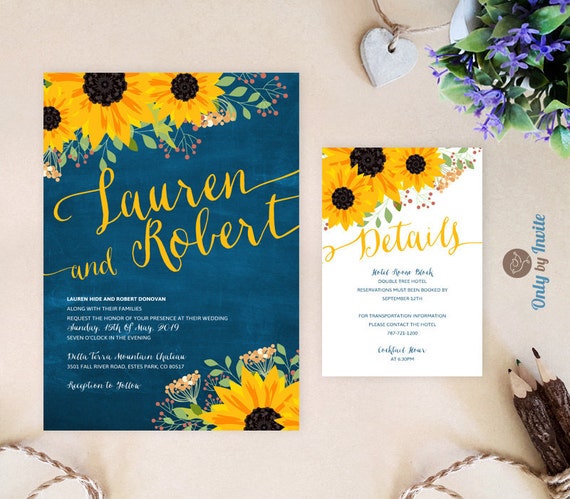 Sunflower Wedding Invitation Kits Cheap Blue Chalkboard Etsy