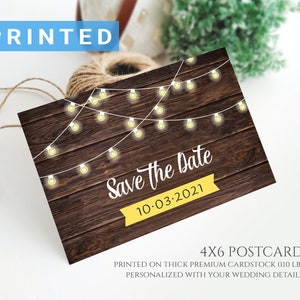 Wedding save the date rustic postcard | String lights on dark wood wedding save the date postcards printed