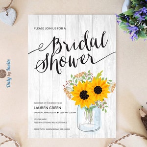 PRINTED | Rustic bridal shower invitation | Sunflowers wedding shower invitations | Mason jar | Fall bridal shower party