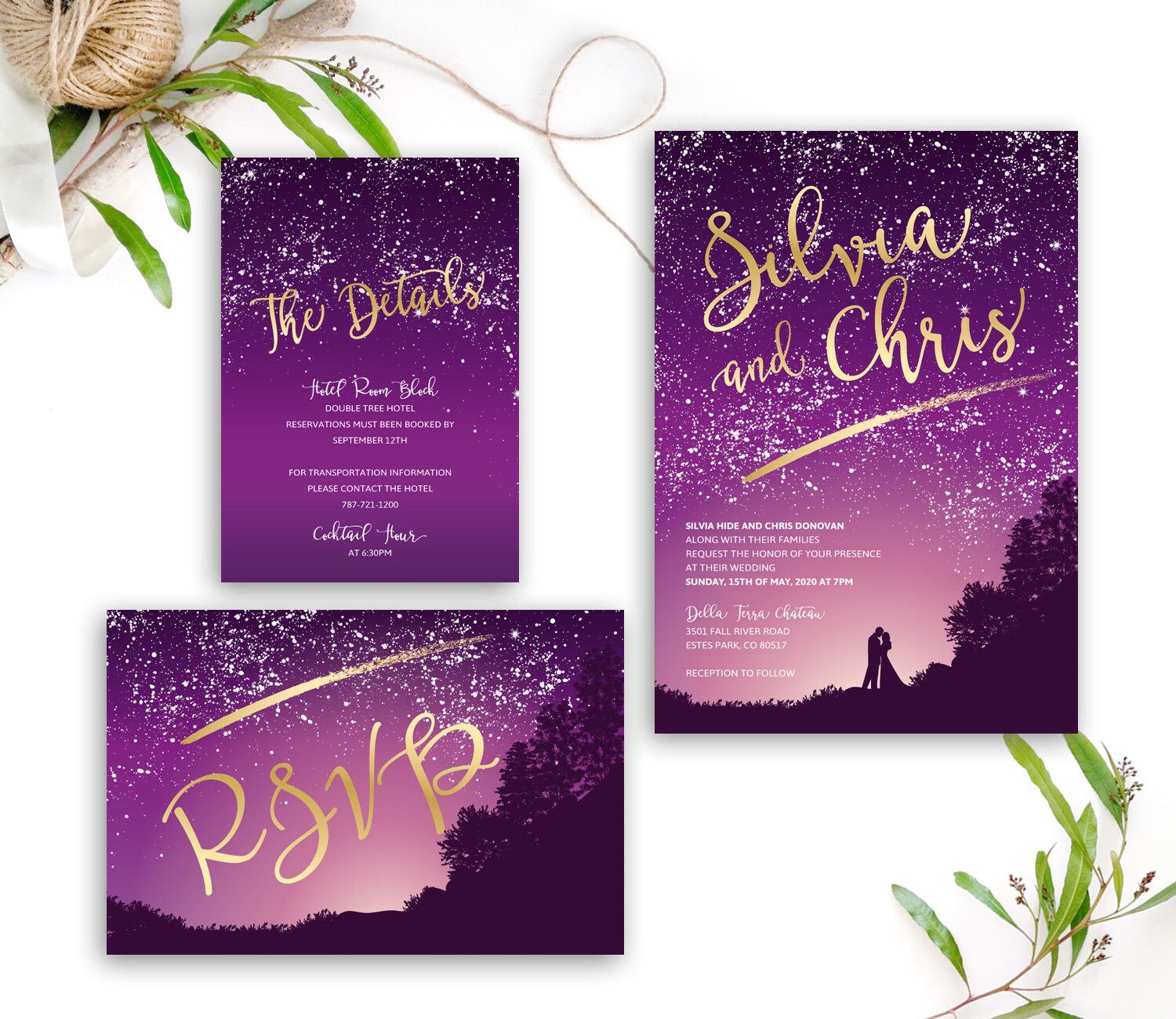 Invitations enclosure card RSVP PRINTED Purple starry night wedding