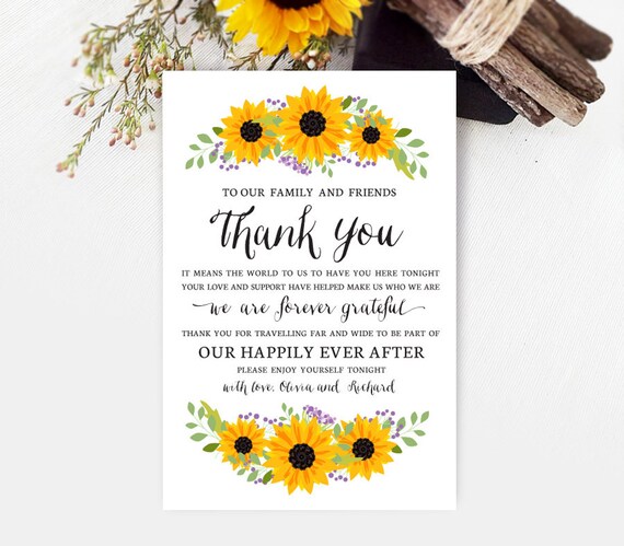Printed Wedding Reception Thank You Cards Sunflower Theme Etsy