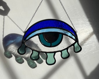 Crying Eye stained glass panel, sad art, evil eye decor
