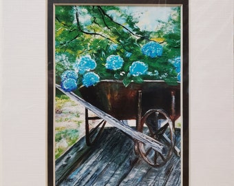Digital print of my original artwork, acrylics on canvas. "Summer Splendor" 8 x 10 matted to 11 x 14. Hydrangeas, garden print, blue