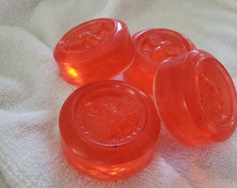 Set of 4, 2 oz guest bath soaps. Honey bee design, Dragon's Blood fragrance, shown here in bright red