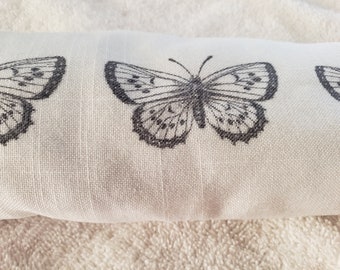 Soothing Lavender flaxseed eye pillow, hand stamped white bleached muslin fabric, Music staff design, black ink, relaxation.