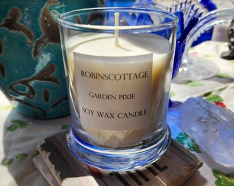 Handmade soy wax candles, 45 plus hour candle, smokeless, no maintenance, self trimming wick. Garden Pixie fragrance.