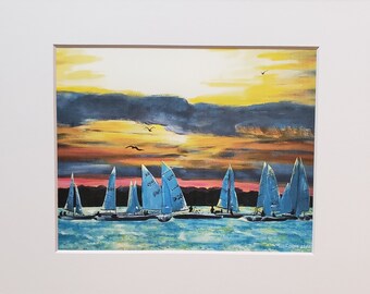 Sunset Yacht club drills, Lake life,beach front,sailboats. This Art Print would look great hanging in any home. Print of my  original work.