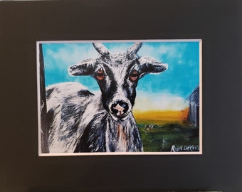 Art print of my original painting, goat,farmhouse decor,wall art, measures 8" x 10" matted to 11" x 14",black mat, ready for frame by you.