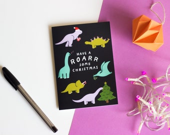 Dinosaur Christmas Card, Dino Illustration Greeting Card, Blank Inside with Envelope