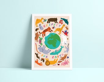 Respect Our Earth Print A5, A4, Animals Illustration, Giclée Fine Art Print, Unframed