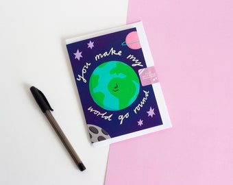 Positive Greeting Card, You Make My World Go Round, Illustrated Greetings Card, Blank Inside with Envelope