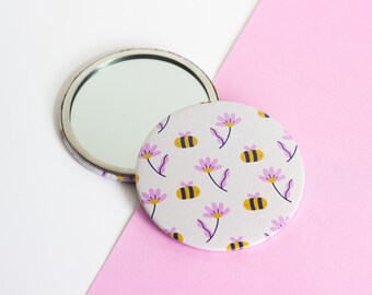 Bee Pattern Pocket Mirror, Illustrated Pocket Mirror, Illustration Art Gift, Stocking Filler