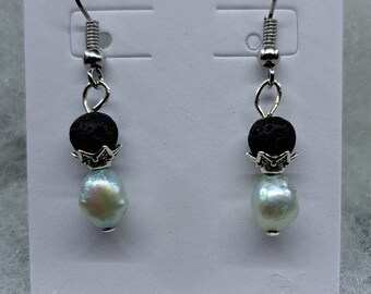 Freshwater Pearl and Lava Stone Earrings