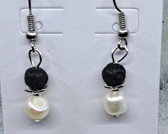 Freshwater Pearl and Lava Stone Earrings