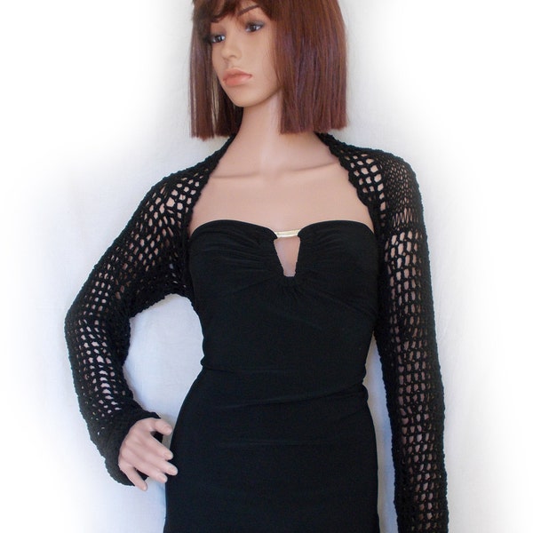 Black long sleeve bolero - Crochet shrug - Lace crochet bolero - Long sleeve shrug - Womens vest - Gothic clothing - Black knitted bolero