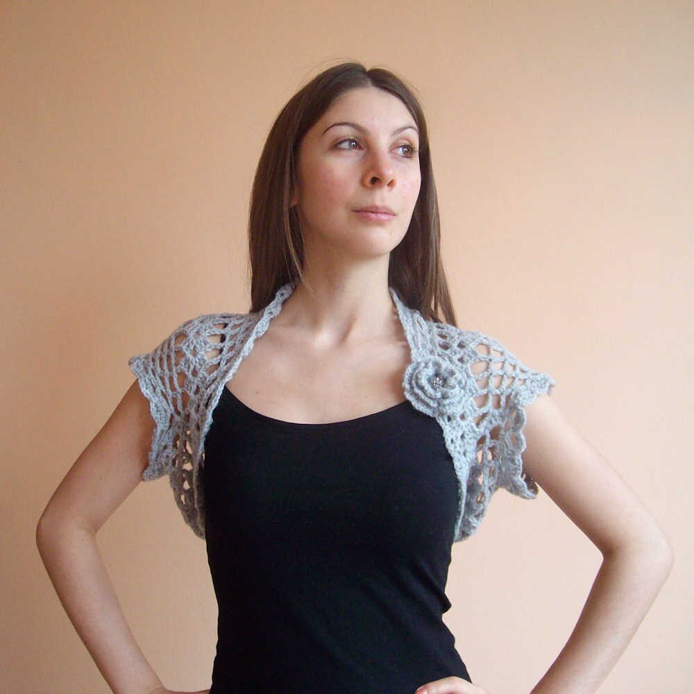 Crochet Short Bolero Jacket With Flower Broosh Grey Cropped Etsy