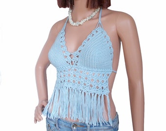 Blue fringe crop top , Lace crochet bralette , Backless summer top custom