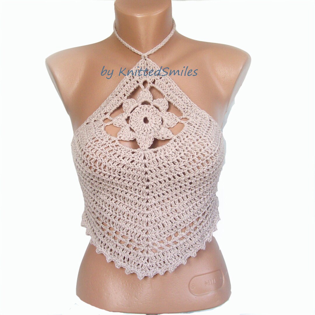 Flower Crochet Halter Top , Beige Halter Neck Boho Top With Diamond Shape , Handmade Crop Top ...