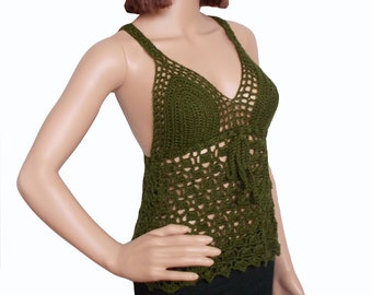 Green crochet boho tank top , Lace knit cross back crop top , Ready to ship , Size S/M , Cup size 34B/C